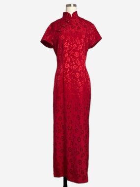 Vintage Dressbarn Red Floral Jacquard Cheongsam maxi dress bold eastern chic 6/8